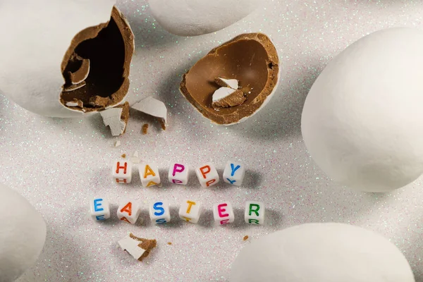 Happy Easter Broken Chocolate Candy Egg With Text