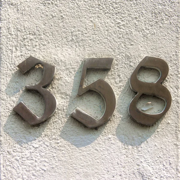 Bronze House Number Three Hundred Fifty Eight 358 Plastered Wall — Stock Photo, Image