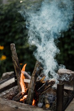 Yazlık evlerindeki ızgarada odundan yakılan şenlik ateşi. Ateşten gelen parlak alev.