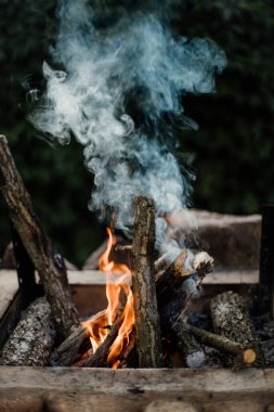Yazlık evlerindeki ızgarada odundan yakılan şenlik ateşi. Ateşten gelen parlak alev.
