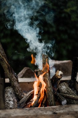 Yazlık evlerindeki ızgarada odundan yakılan şenlik ateşi. Ateşten gelen parlak alev.