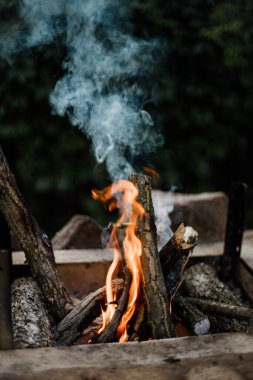 Yazlık evlerindeki ızgarada odundan yakılan şenlik ateşi. Ateşten gelen parlak alev.