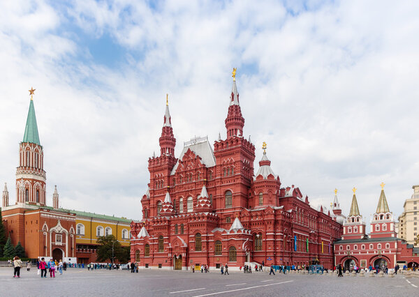 MOSCOW - SEPTEMBER 22, 2015: Panoramic view of State Historical Museum of Russia. This museum is located between Red and Manege Square, there are more than a million objects dedicated to history.