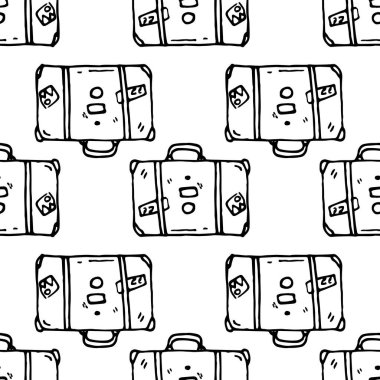 Suitcase decorated with stickers and badges isolated on white background. Hand drawn retro travel bag. Seamless pattern. vector