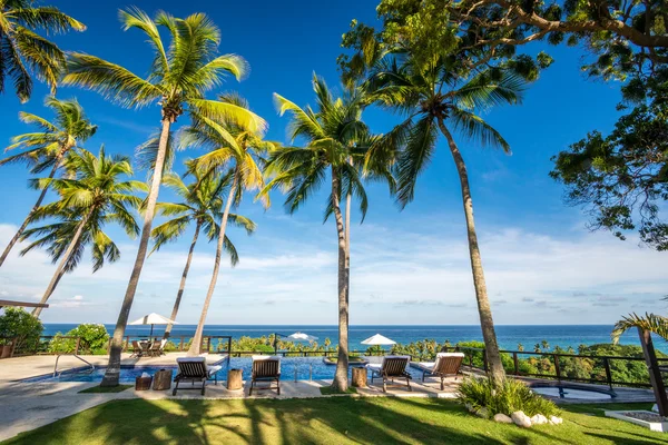 Liegestuhl mit Palmen und Infinity-Pool in Barahona, Dominikanische Republik — Stockfoto