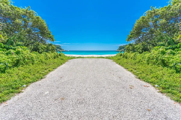 Camino al paraíso, vara de aphalt que termina en la playa tropical con agua de mar turquesa —  Fotos de Stock