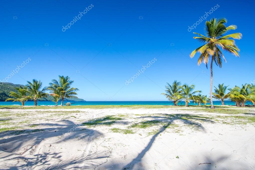 Entrance to one of the most beautiful tropical beaches in Caribbean, Playa Rincon, near Las Terrenas in Dominican Republic, with palm trees shadows and amazing sea