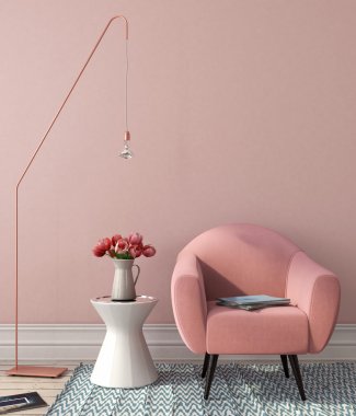 Interior with pink chair and stylish floor lamp