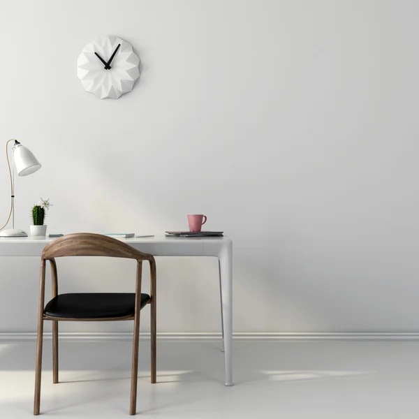 Local de trabalho branco com uma cadeira de madeira — Fotografia de Stock