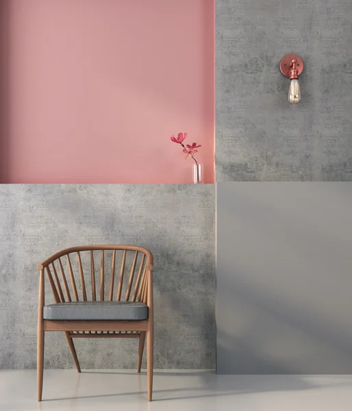 Деревянное кресло на фоне геометрической стены — стоковое фото