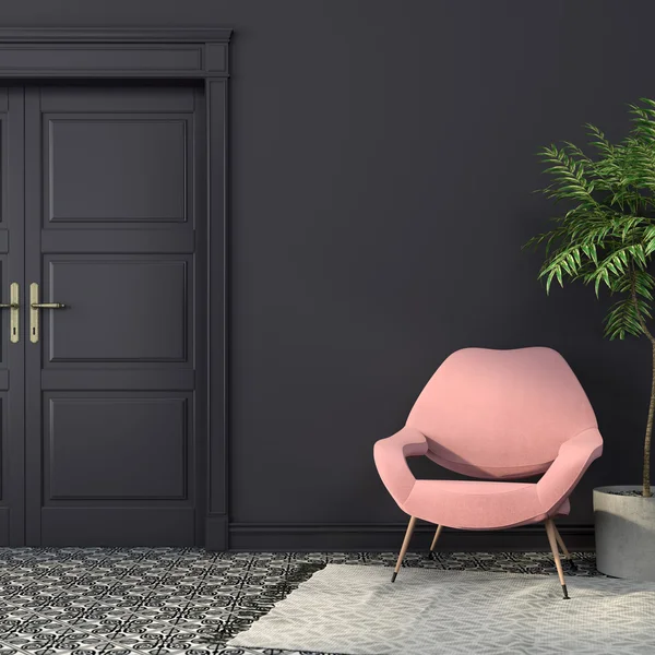 Sillón rosa en un interior negro — Foto de Stock