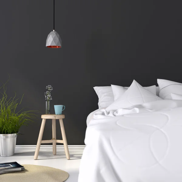 Bedroom with a wooden stool and a concrete lamp — Stock Image Bedroom with a wooden stool and a concrete lamp Stock Image