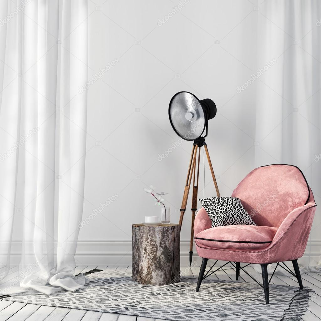 Stylish pink chair and a vintage spotlight