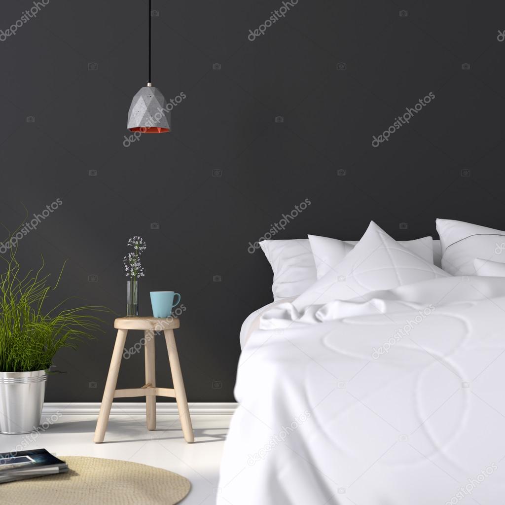 Bedroom with a wooden stool and a concrete lamp 