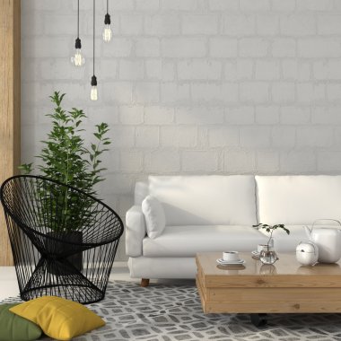 living room with a white sofa and a black armchair of thread clipart