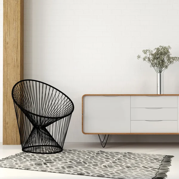 Кресло из черной нитки в белом интерьере — стоковое фото