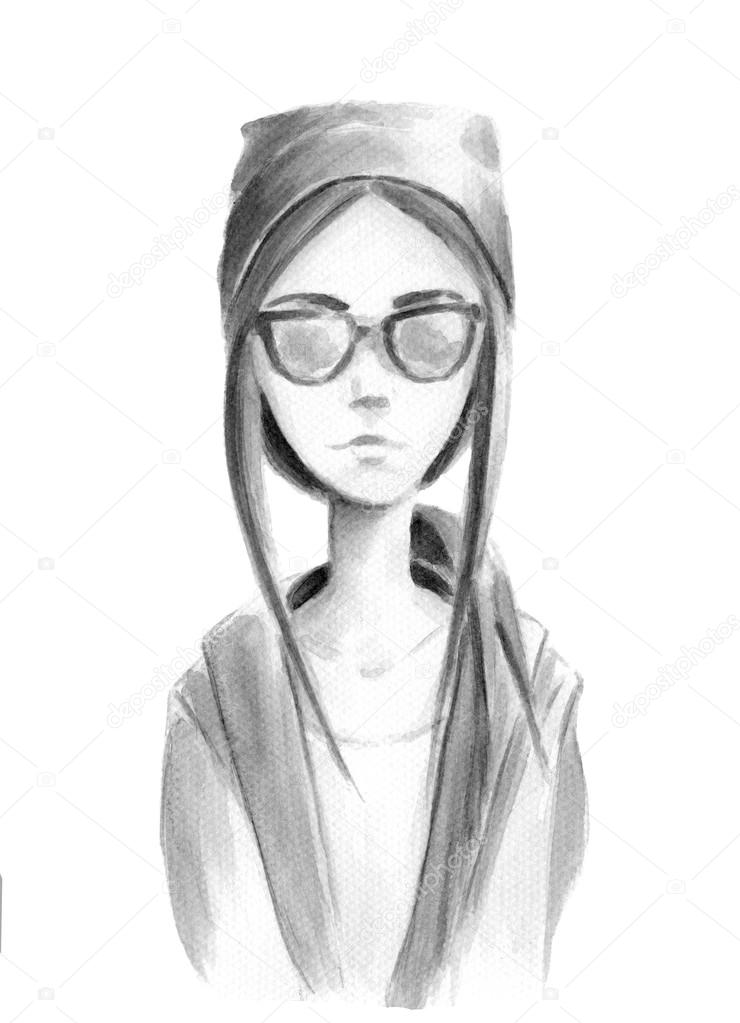 Akwarela Dziewczyna Z Okulary Przeciwsłoneczne Zdjęcie