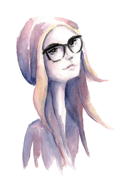 Aquarell Hipster Mädchen mit Brille — Stockfoto