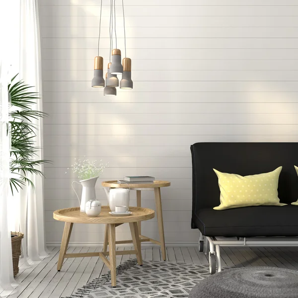 Гостиная с диваном и бетонной люстрой — стоковое фото