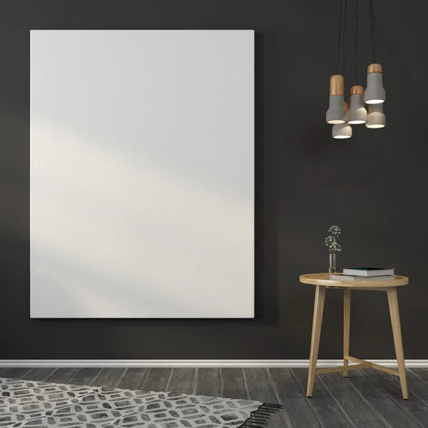 Bespotten omhoog in het interieur met een houten tafel en een grijze muur — Stockfoto