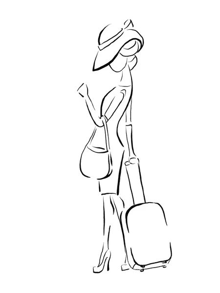 Sketch of a girl with a hat and a suitcase — Stock Photo, Image