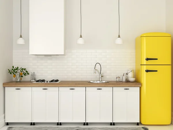 Kitchen with white furniture and a yellow fridge — Stock Photo, Image