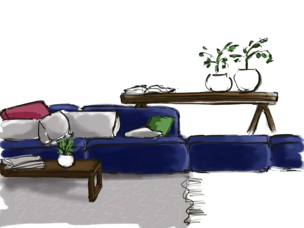 Sketch of the interior with a blue sofa — Stock Photo, Image