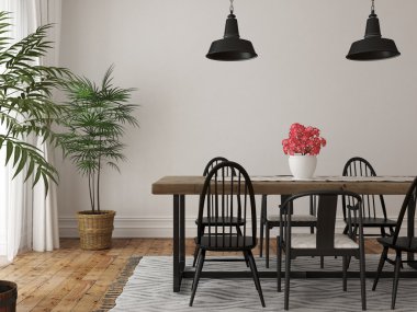 Yemek odası büyük ahşap masa ve siyah chai, İçişleri