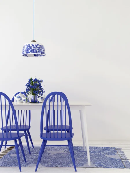 Interno della sala da pranzo, realizzato nei colori blu e bianco — Foto Stock