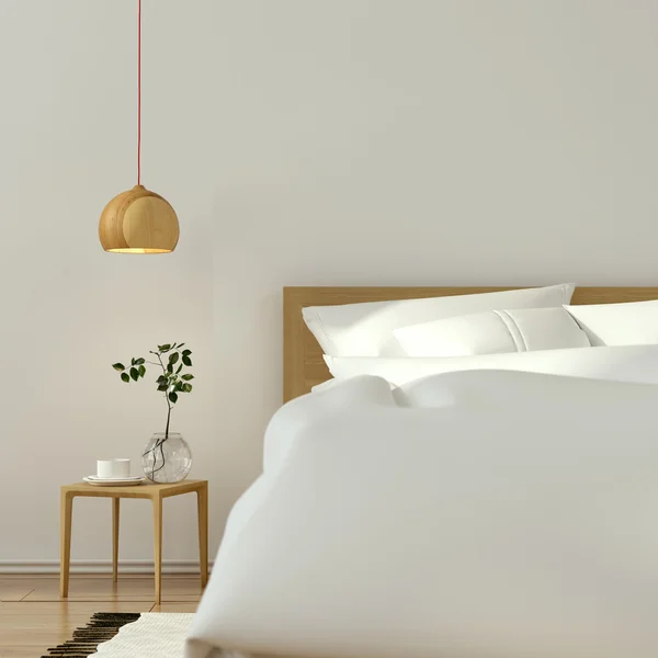 Interior kamar tidur putih dengan furnitur kayu — Stok Foto