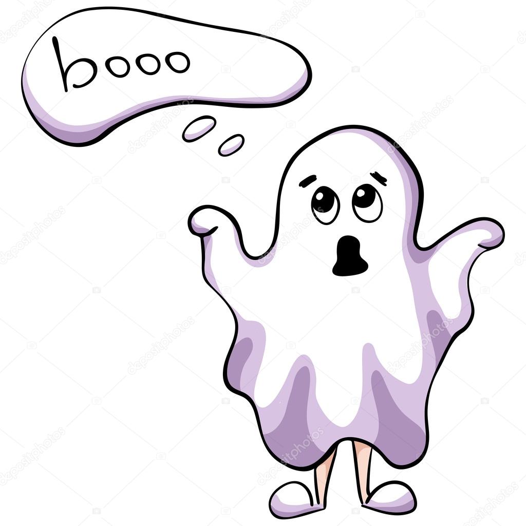 Child in a ghost costume exclaimed Boo