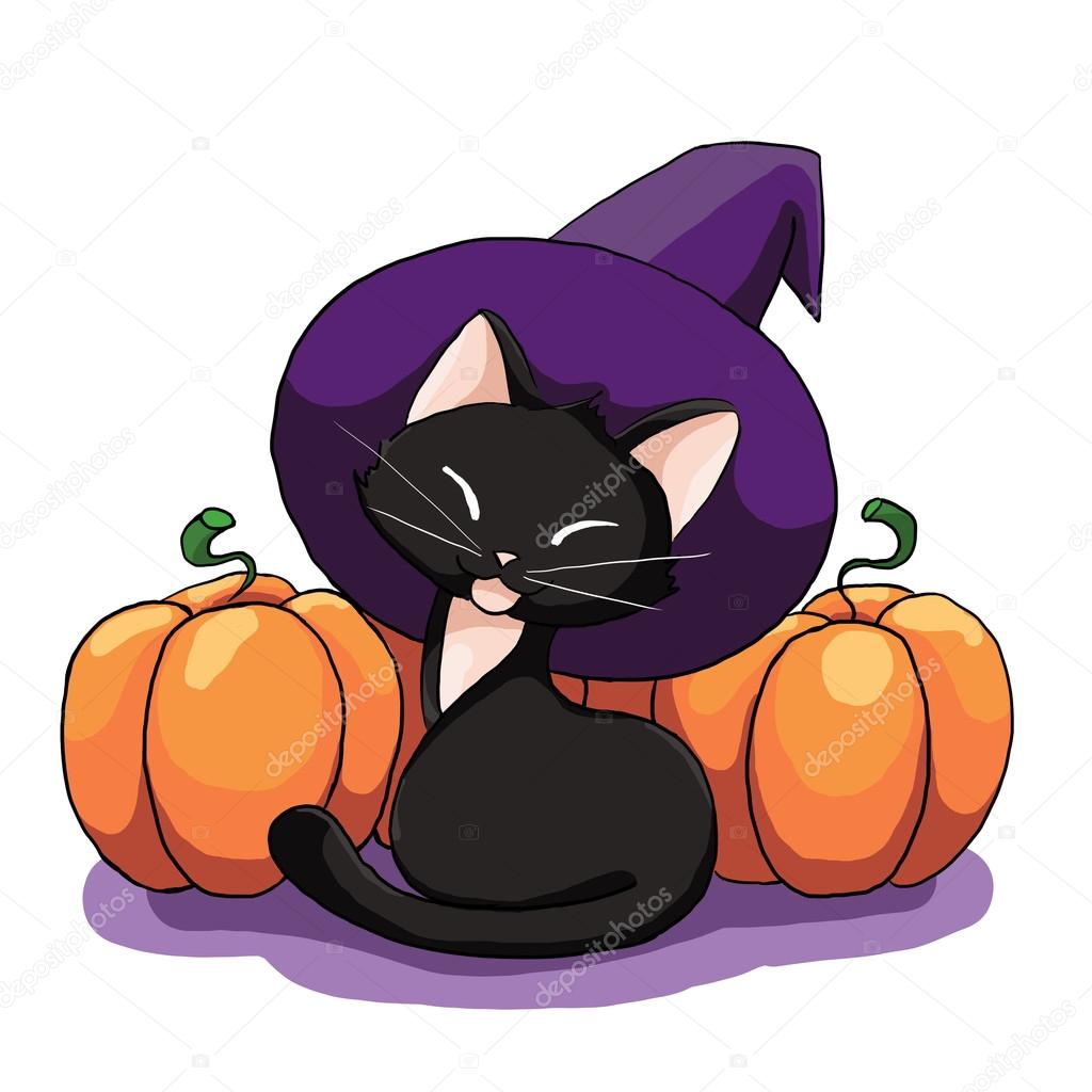 Cute black cat in a hat and pumpkins
