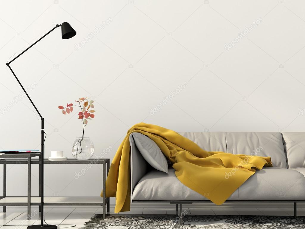 living room with white sofa with yellow blanket 