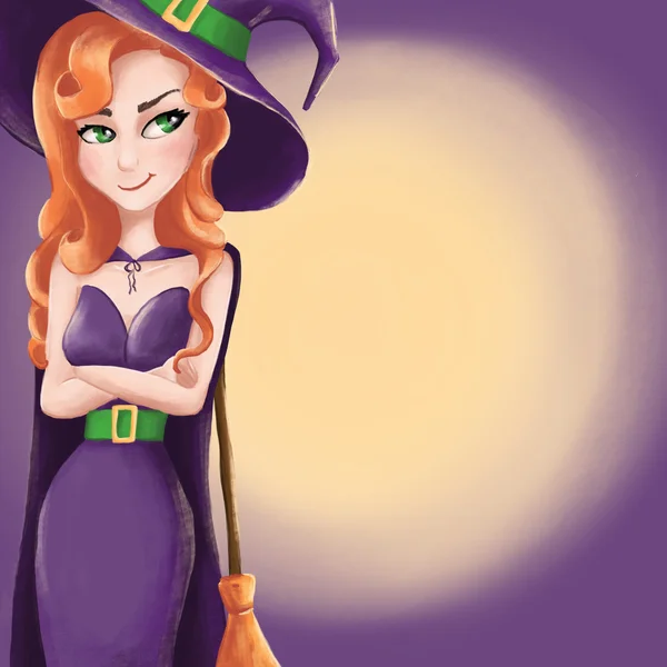 Cute witch with a sly smile and moon — Stock Photo, Image