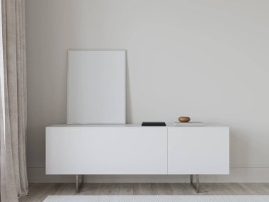 Bir oturma odasının ya da ofisin içinde. Yüzyılın ortalarında, beyaz olmayan bir tarzda, çekmeceler / 3D çizimler, 3D çizimler. 