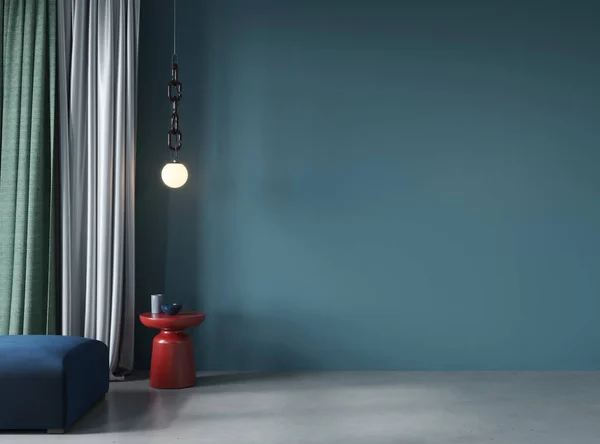 Fashionable interior with a stylish red table, pouf and a red chandelier against a blue wall and concrete floor