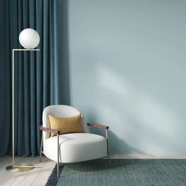 Intérieur Salon Réception Bleu Avec Fauteuil Élégant Lampadaire Moderne Contre — Photo