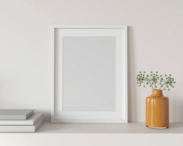 Affiche Mockup Intérieur Avec Vase Orange Verre Livres Sur Fond — Photo