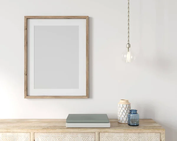 Poster Mockup Interieur Met Houten Frame Houten Ladekast Gloeilamp Illustratie Stockfoto