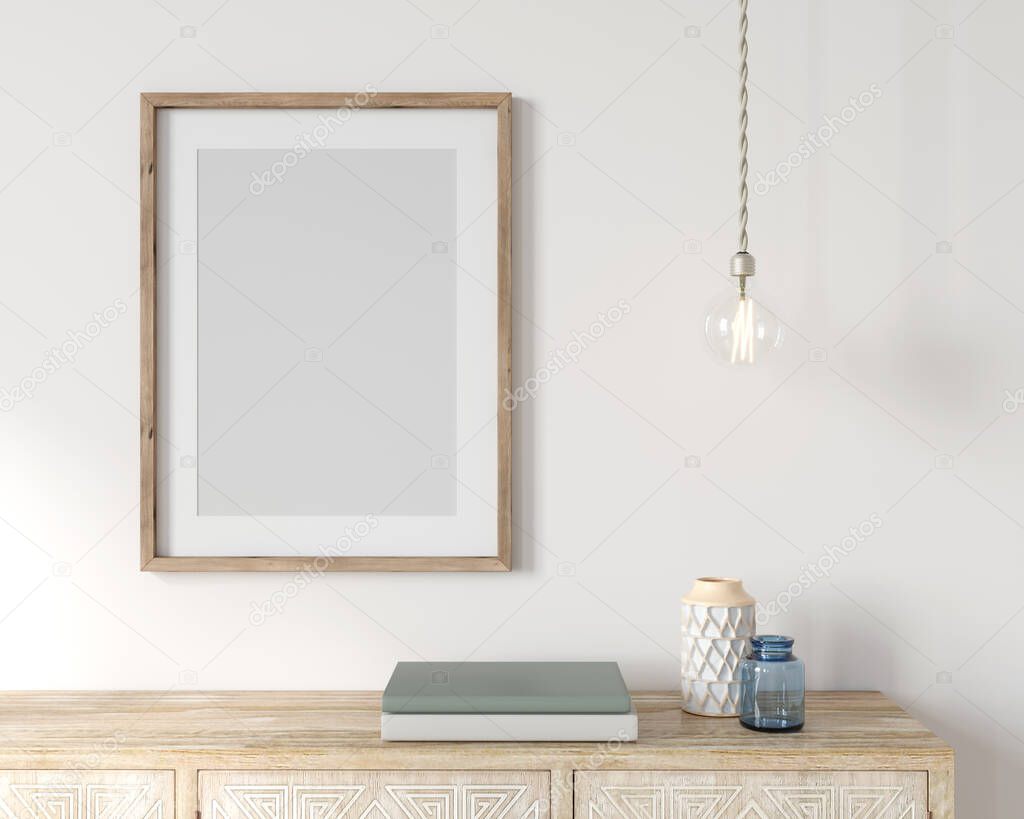 Poster Mockup interior with wooden frame, wooden chest of drawers and light bulb / 3D illustration, 3d render 