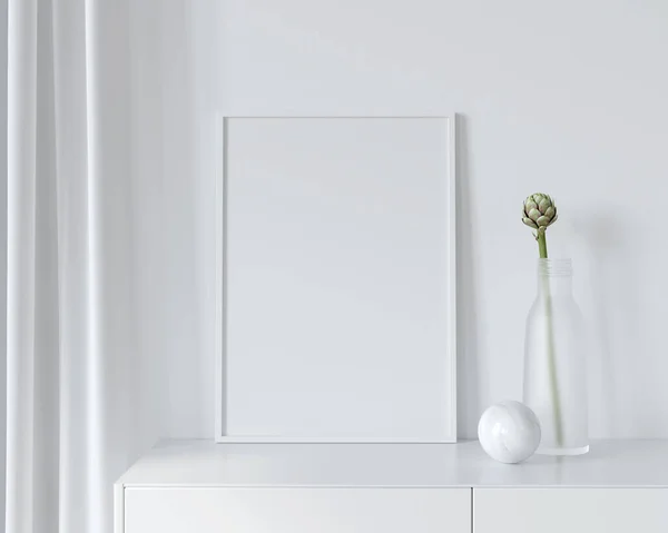 White interior with a white frame mockup on a dresser near a frosted glass vase and a marble ball / 3D illustration, 3d render