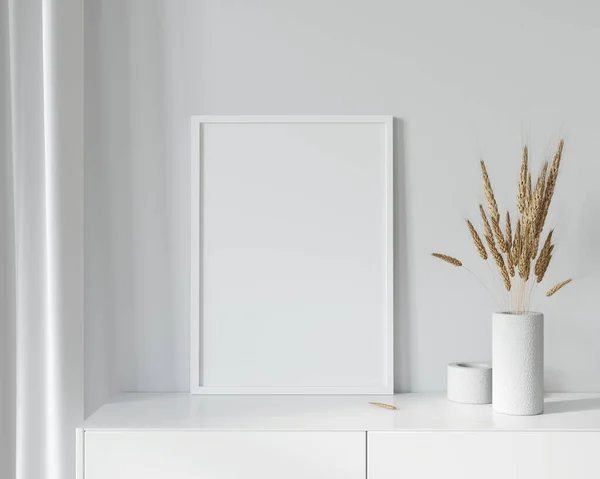 Póster Mockup Interior Blanco Cómoda Con Ramas Trigo Seco Jarrón —  Fotos de Stock