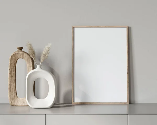 Beige Interieur Met Een Lijst Voor Poster Het Dressoir Vazen Stockfoto