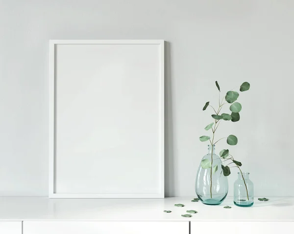 Плакат Білому Комоді Біля Склянки Гілкою Ілюстрацією Рендерингом Ліцензійні Стокові Зображення