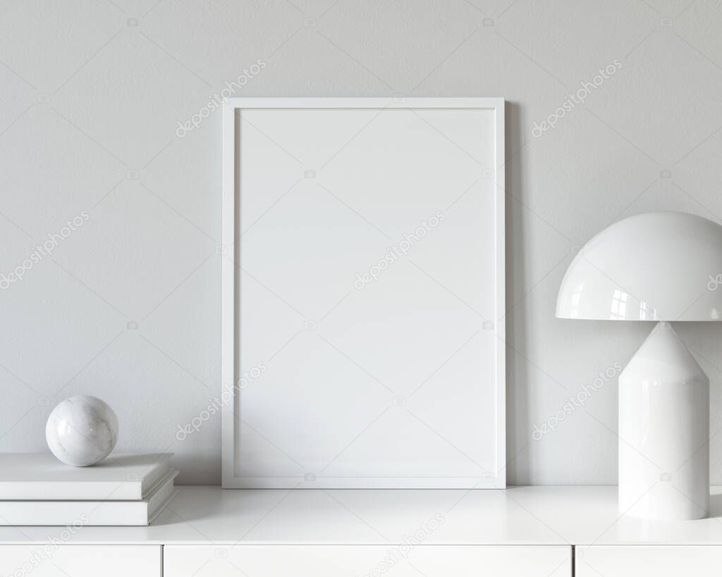 White interior with a Poster mockup on the chest of drawers near the mid-century modern lamp, books and a marble ball / 3D illustration, 3d render 