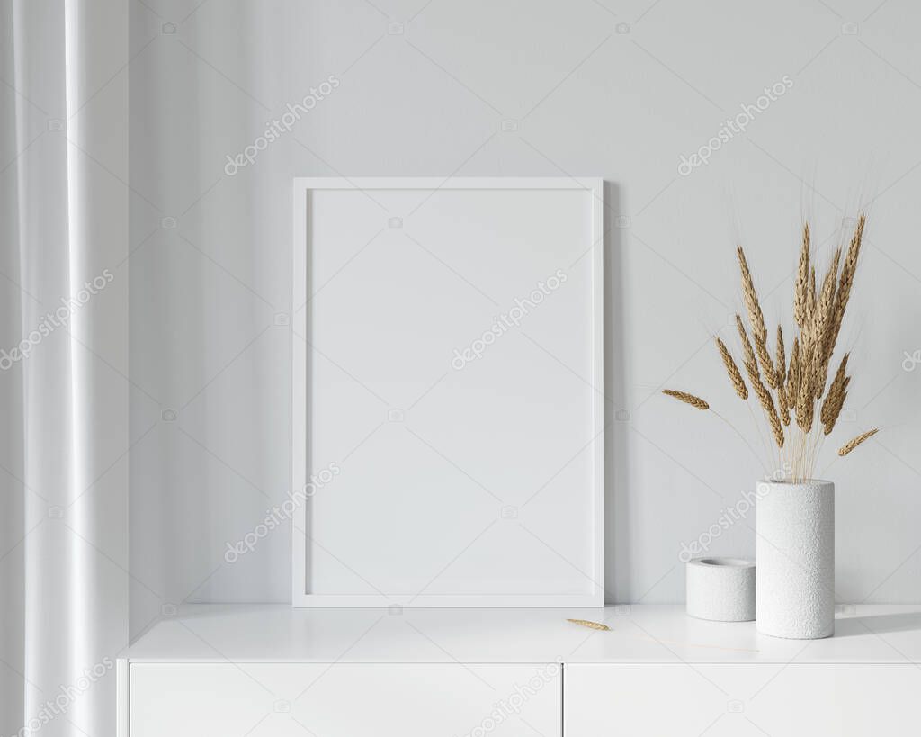 Poster Mockup in white interior on the chest of drawers with  branches of dry wheat in a vase/ 3D illustration, 3d render 