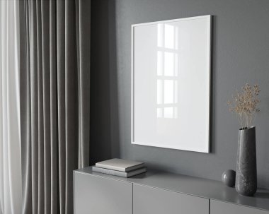 Beyaz poster çerçeve ve gri dekor, göğüs, çekmeceler ve perdeler / 3D illüstrasyon, 3D çizim 