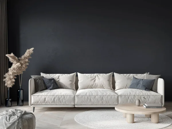 Wohnzimmereinrichtung Boho Stil Mit Großem Sofa Modernem Holztisch Hocker Und — Stockfoto
