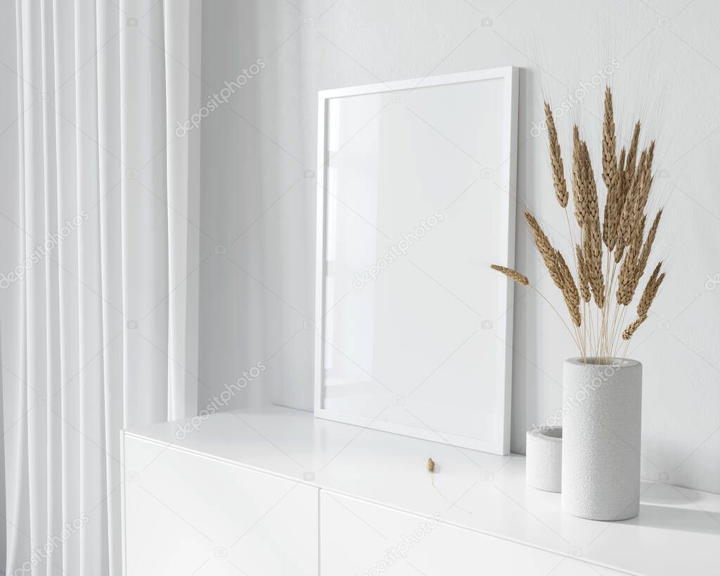 Interior mockup with with white frame poster and vase with wheat / 3D illustration, 3d render 