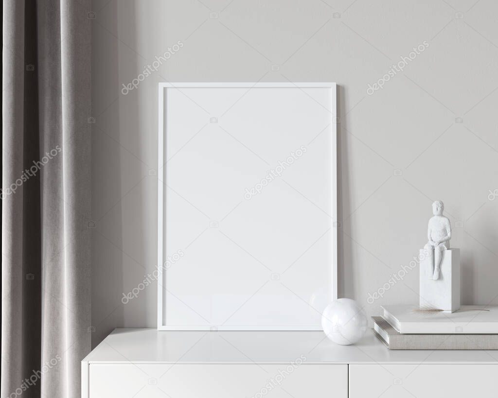 Poster Mockup in white interior on the chest of drawers with  mid-century modern decor and curtains/ 3D illustration, 3d render 
